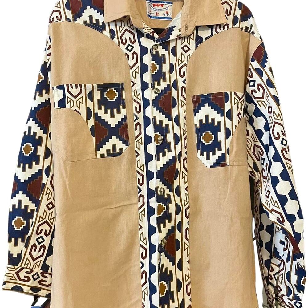 Vintage 80s Aztec Patterned Western Tribal Button Up Long Sleeve Shirt Adult Med
